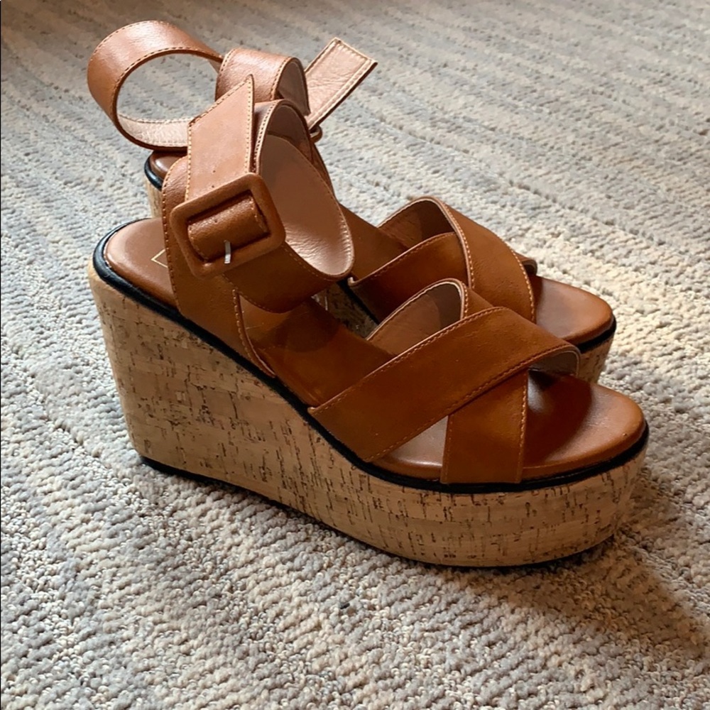 Tan wedges wrap around ankle